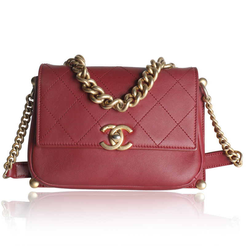 Burgundy Quilted Calfskin Chain Handle Mini Flap Bag