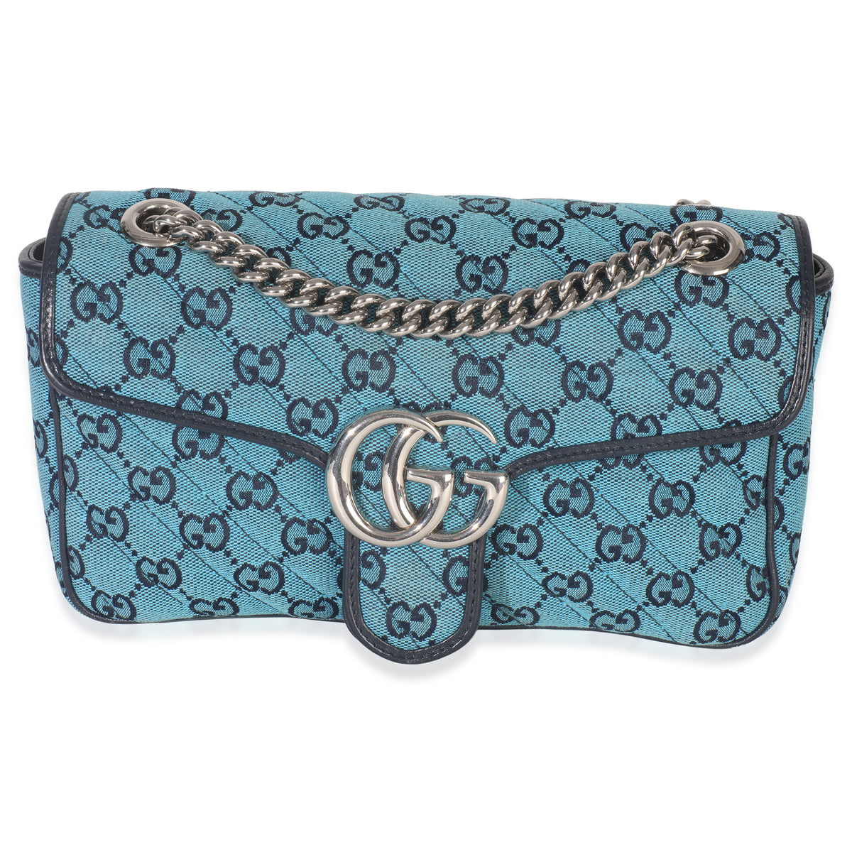 Gucci Blue Matelasse Canvas Diagonal Small GG Marmont Shoulder Bag Handbag fv