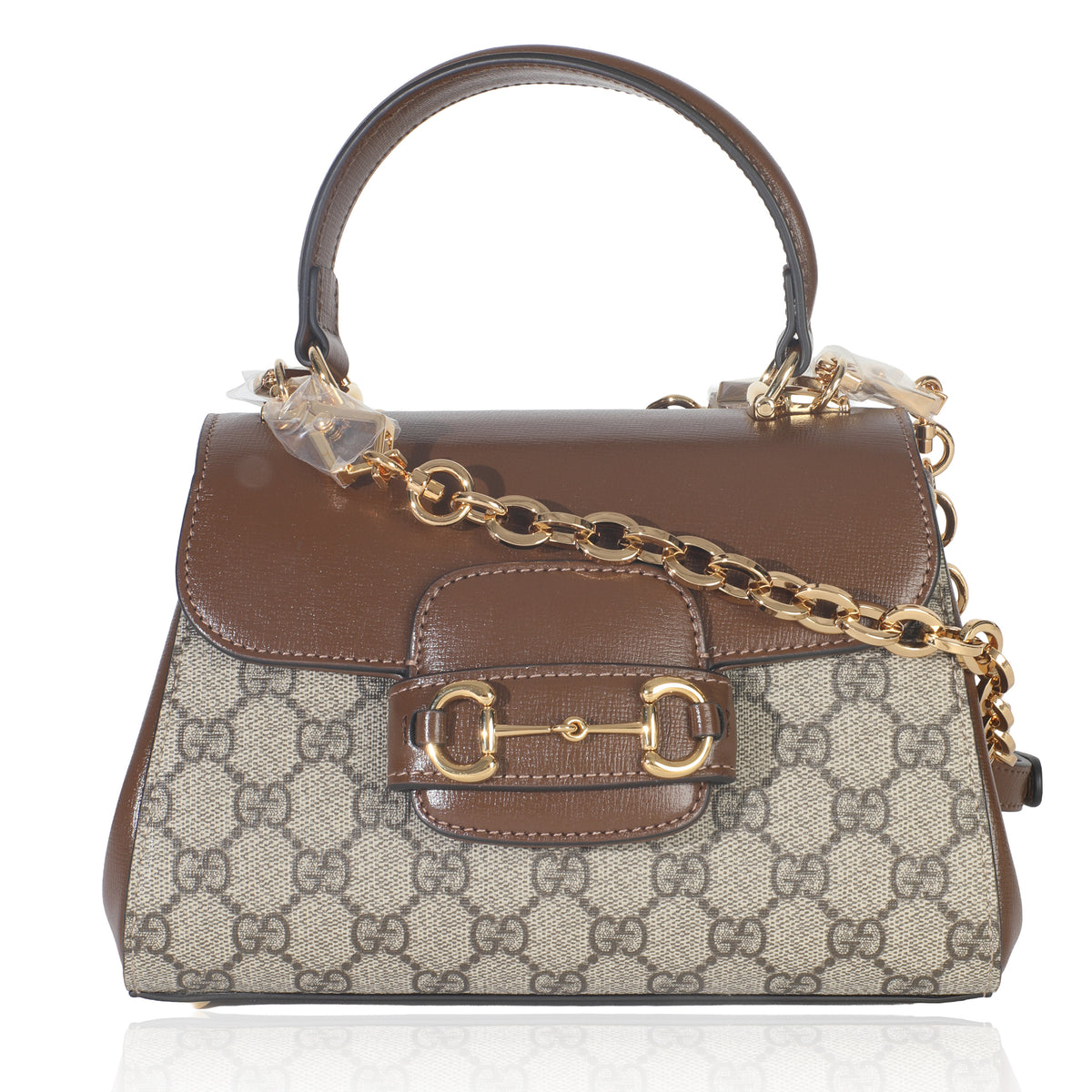 Gucci Beige GG Supreme Monogram Calfskin Mini Horsebit 1955 Top Handle Bag Handbag fv