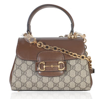 Gucci Beige GG Supreme Monogram Calfskin Mini Horsebit 1955 Top Handle Bag Handbag fv