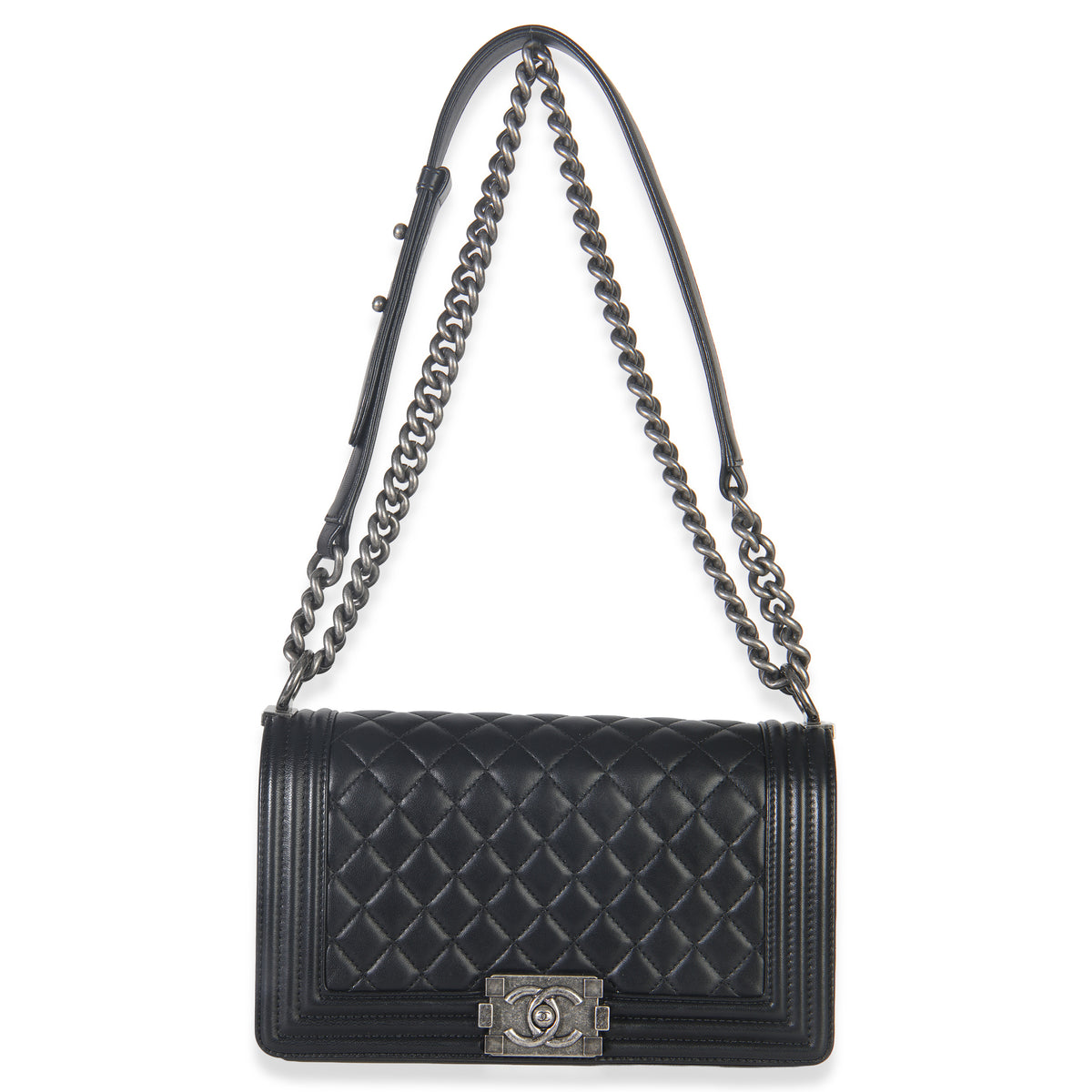 Black Quilted Lambskin Old Medium Boy Bag