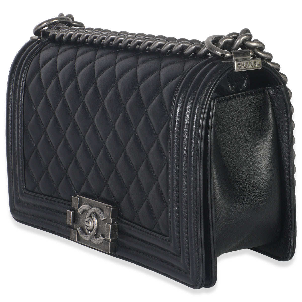Black Quilted Lambskin Old Medium Boy Bag
