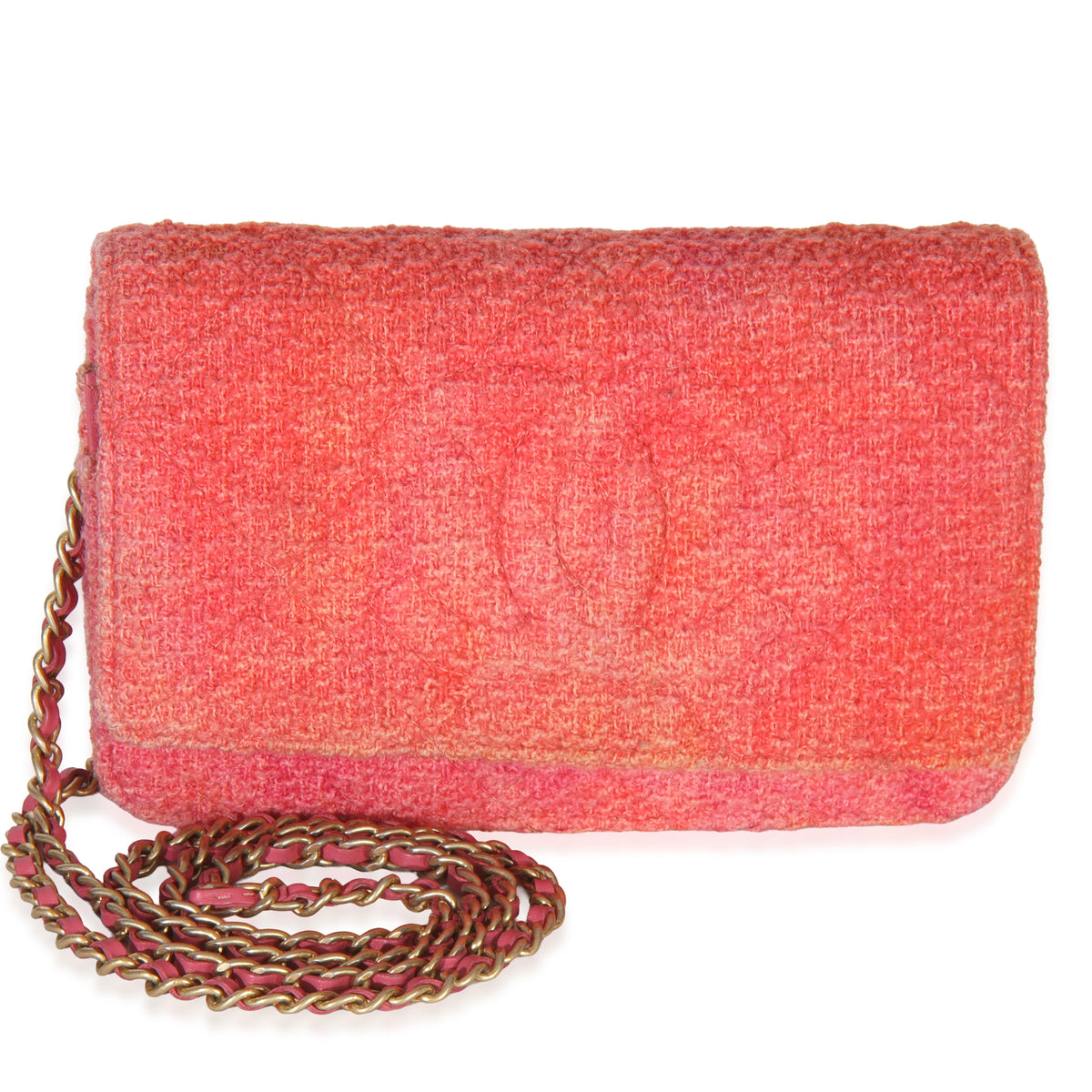 Pink Orange Quilted Tweed Timeless CC Wallet On Chain