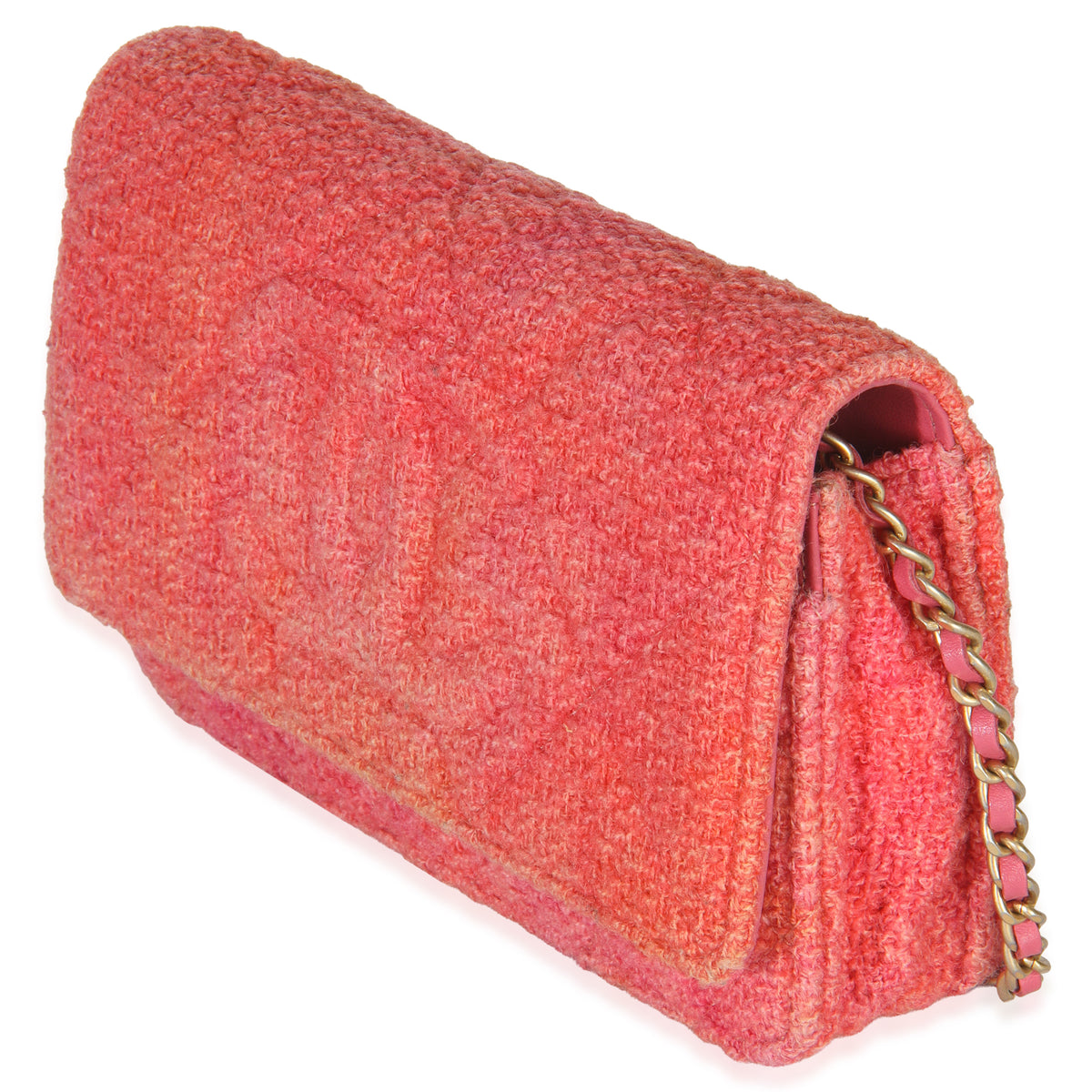 Pink Orange Quilted Tweed Timeless CC Wallet On Chain