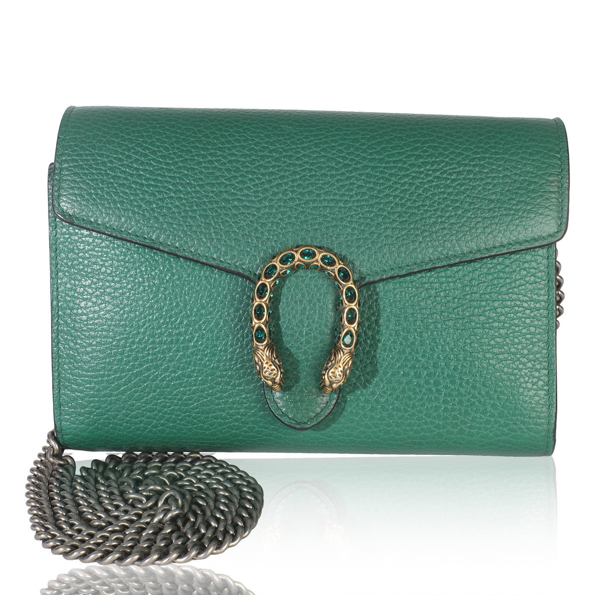 Gucci Emerald Pebbled Calfskin Dionysus Chain Wallet Handbag fv