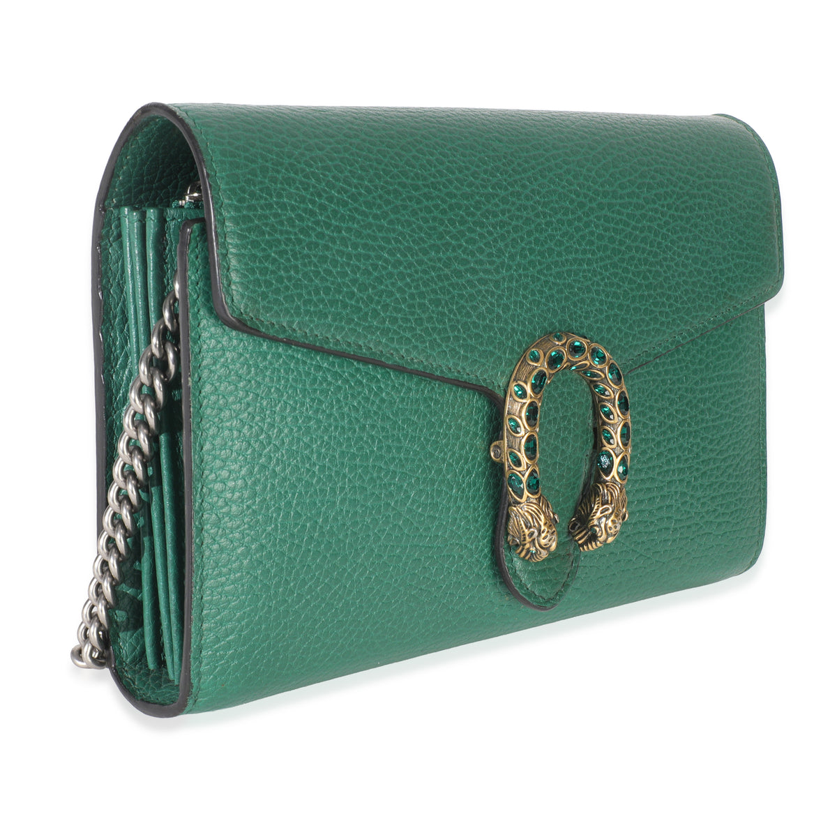 Gucci Emerald Pebbled Calfskin Dionysus Chain Wallet Handbag pv