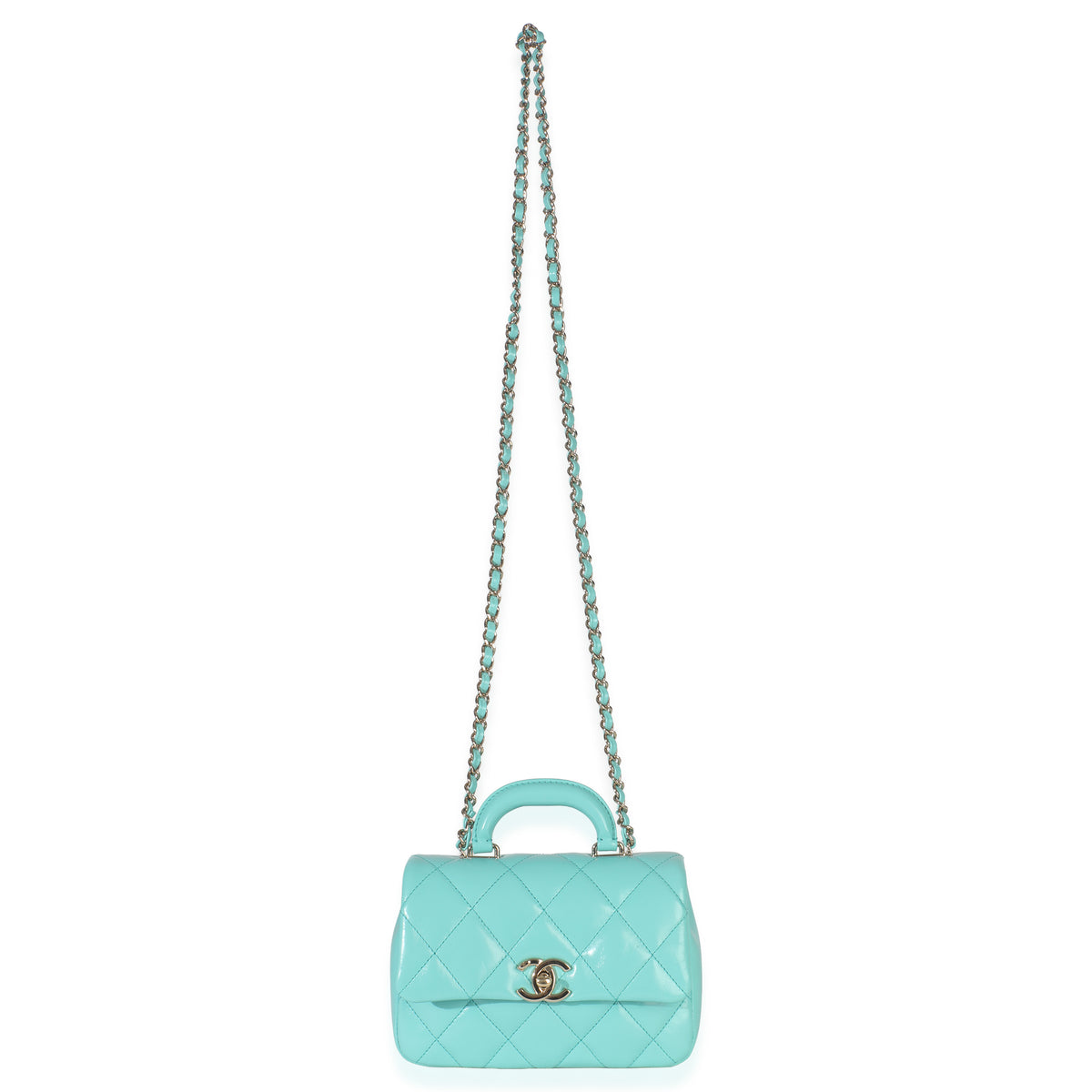 Teal Quilted Calfskin Top Handle Flap Bag