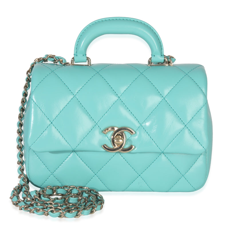 Teal Quilted Calfskin Top Handle Flap Bag