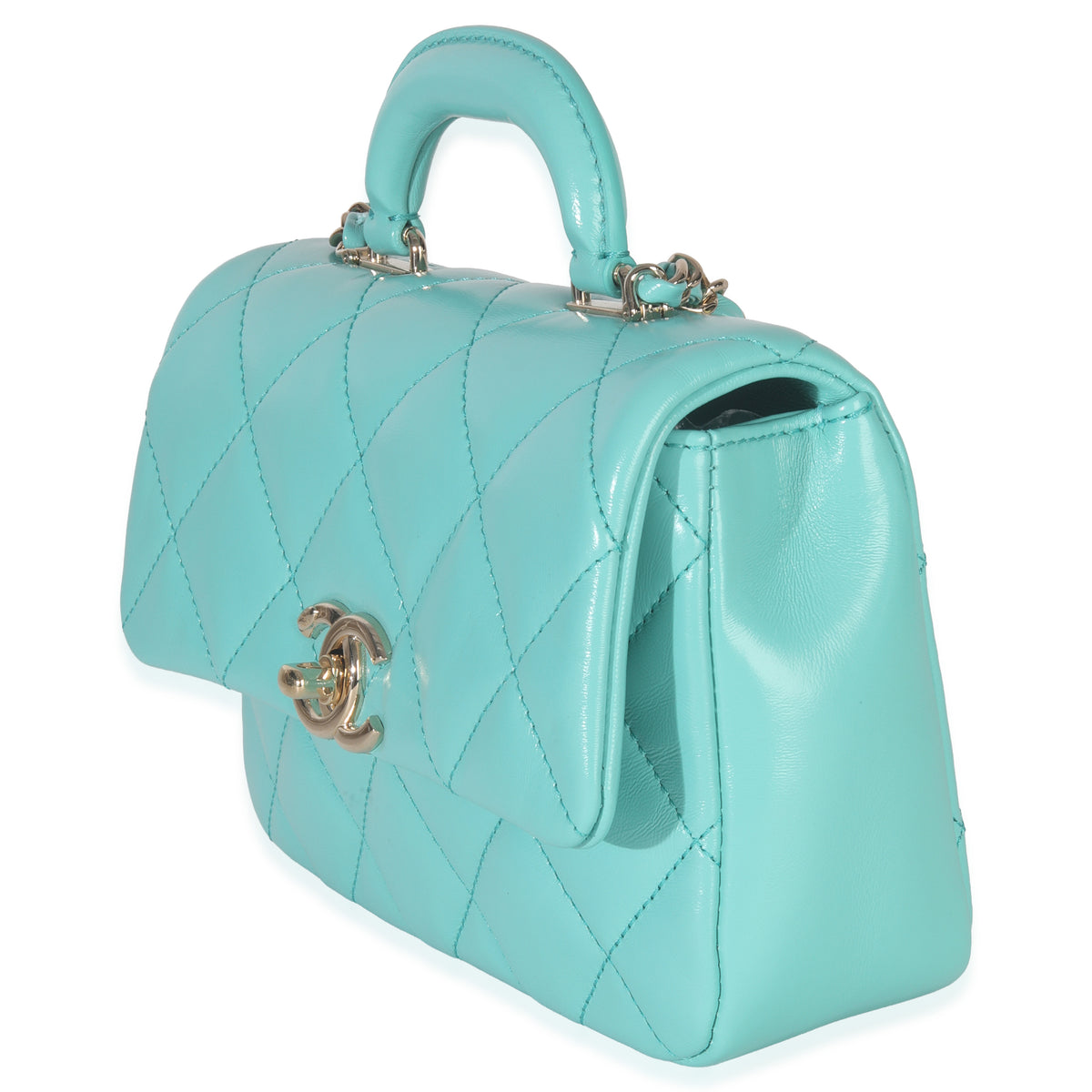 Teal Quilted Calfskin Top Handle Flap Bag