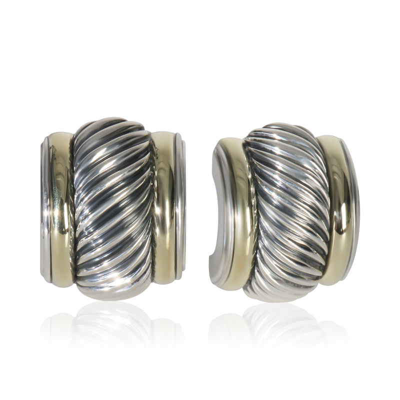 David Yurman Yellow Gold & Sterling Silver  Vintage Cable Hoop Earrings fv