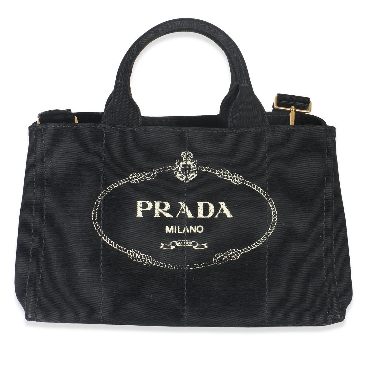 Prada Black Canvas White Logo Small Canapa Tote Handbag fv