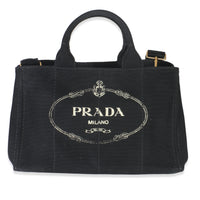 Prada Black Canvas White Logo Small Canapa Tote Handbag fv