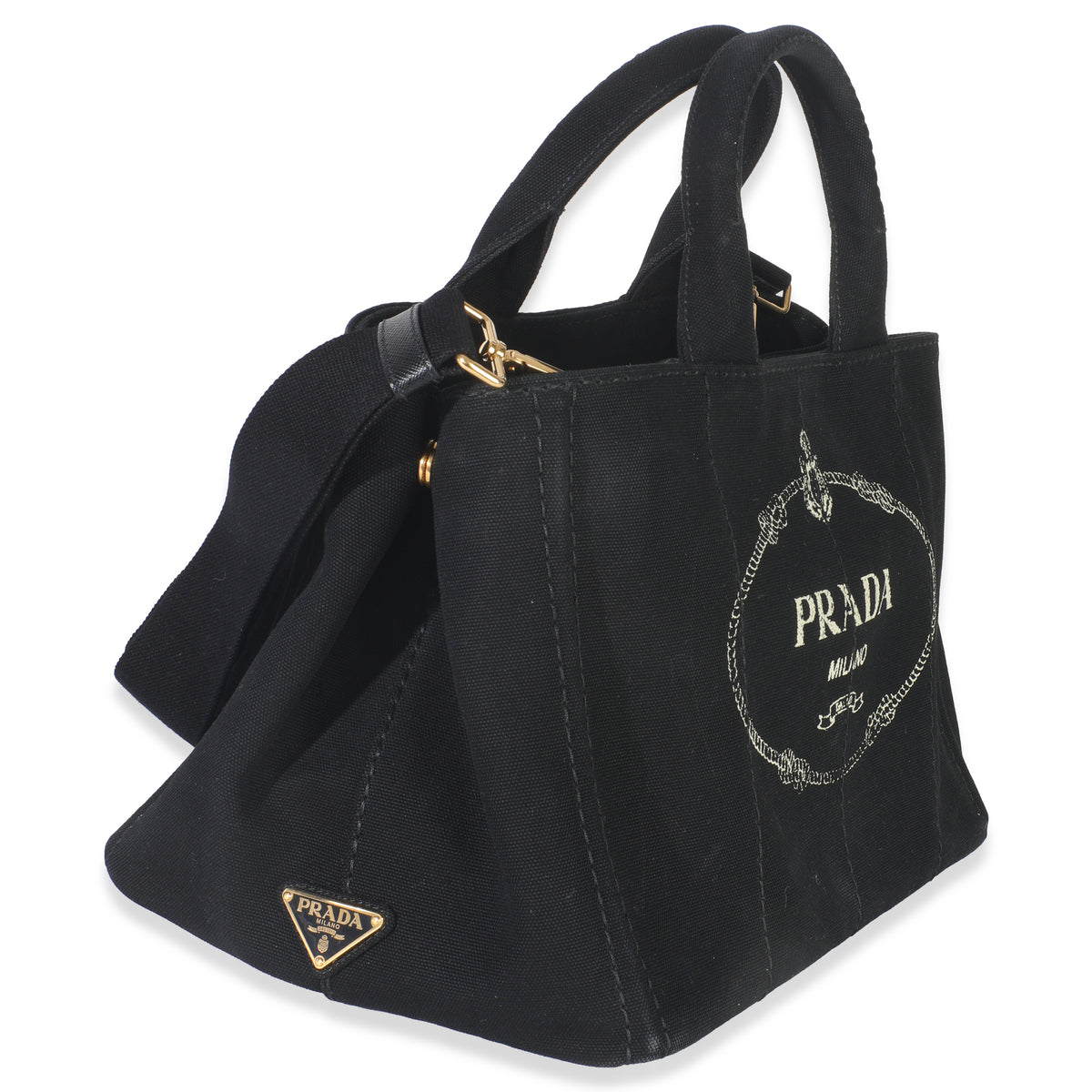 Prada Black Canvas White Logo Small Canapa Tote Handbag pv
