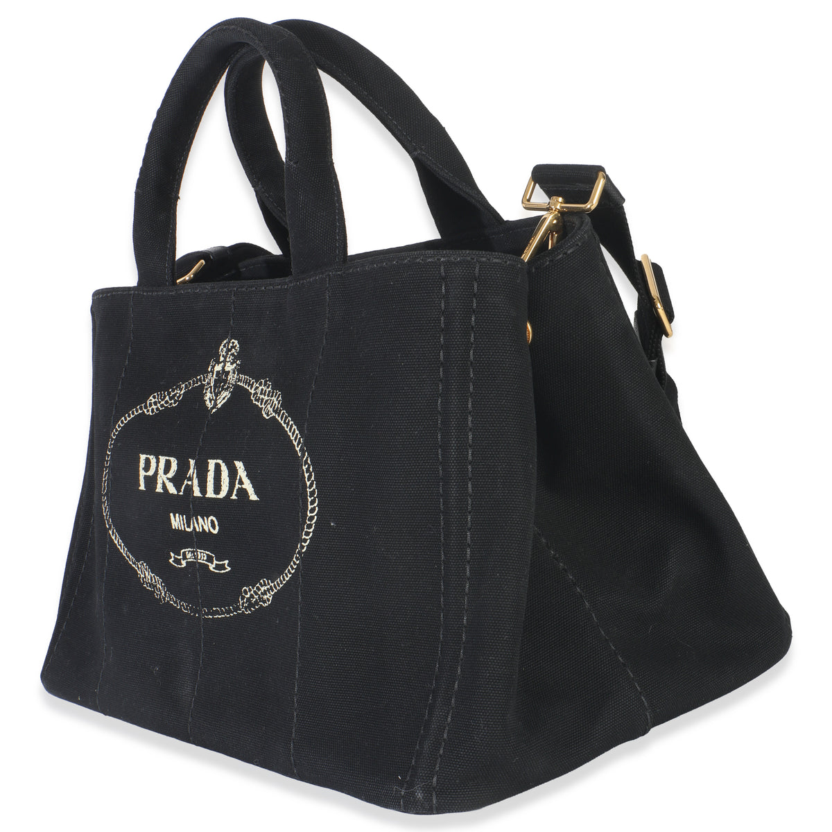 Prada Black Canvas White Logo Small Canapa Tote Handbag sv