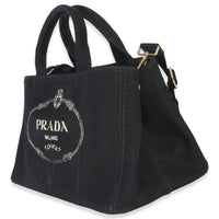 Prada Black Canvas White Logo Small Canapa Tote Handbag sv