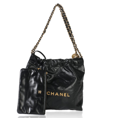 Black Shiny Quilted Calfskin Small Chanel 22 Hobo