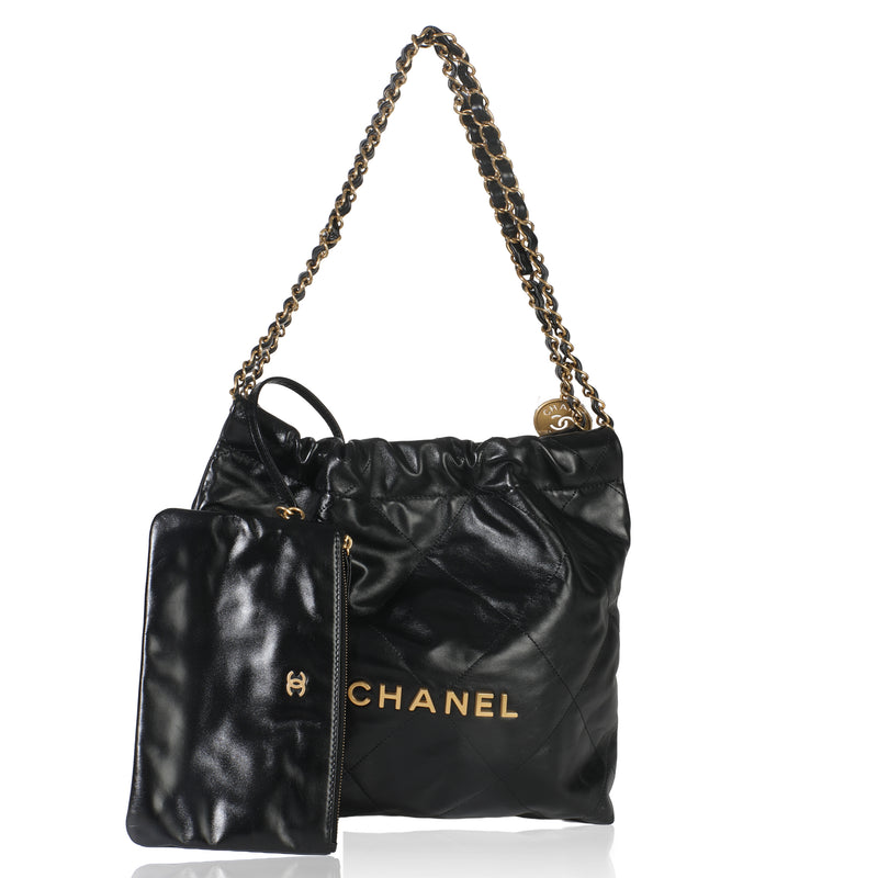 Black Shiny Quilted Calfskin Small Chanel 22 Hobo