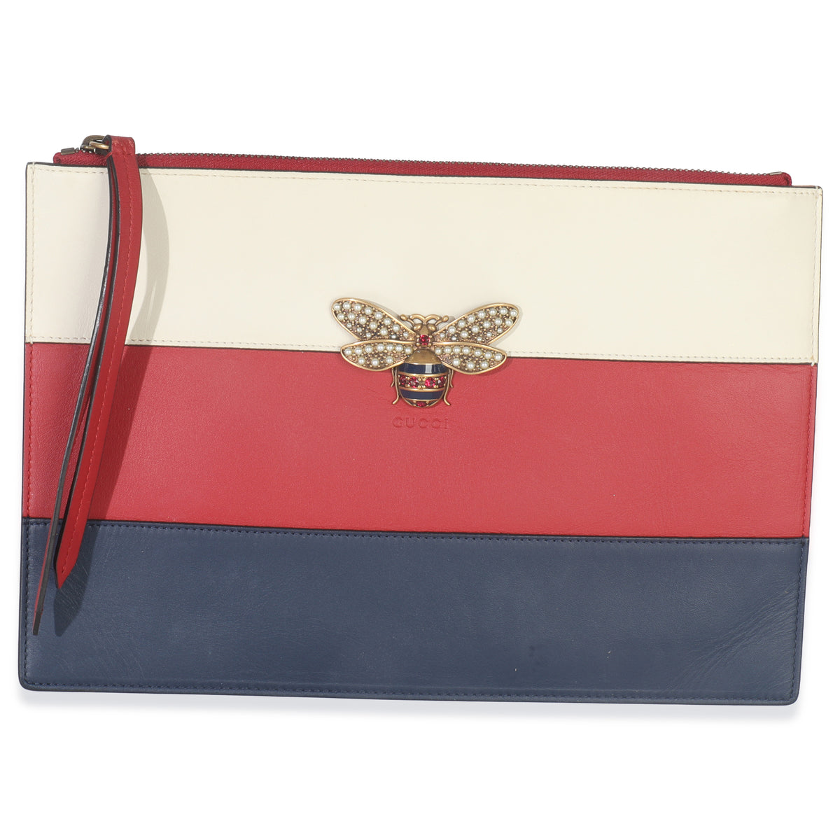 Gucci Red Navy Cream Calfskin Queen Margaret Flat Pouch Handbag fv