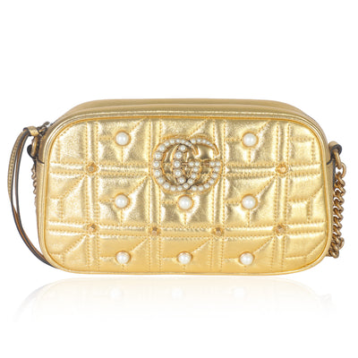 Gold Quilted Leather Pearl Studded Marmont Matelasse Small Camera Bag
