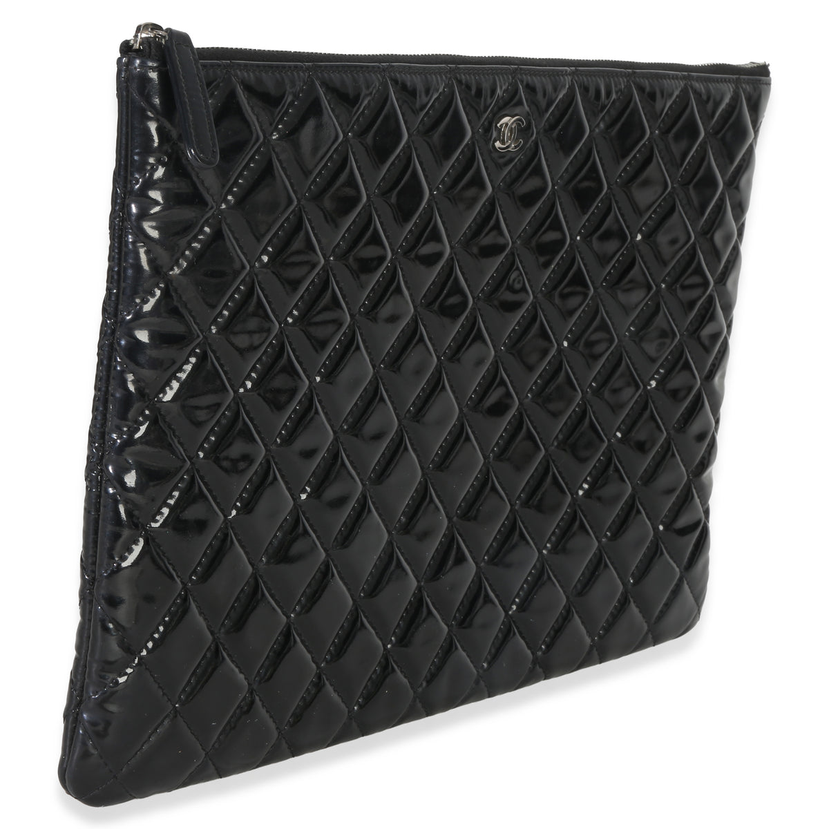 Chanel Black Quilted Patent Large Cosmetic O Case Handbag bv