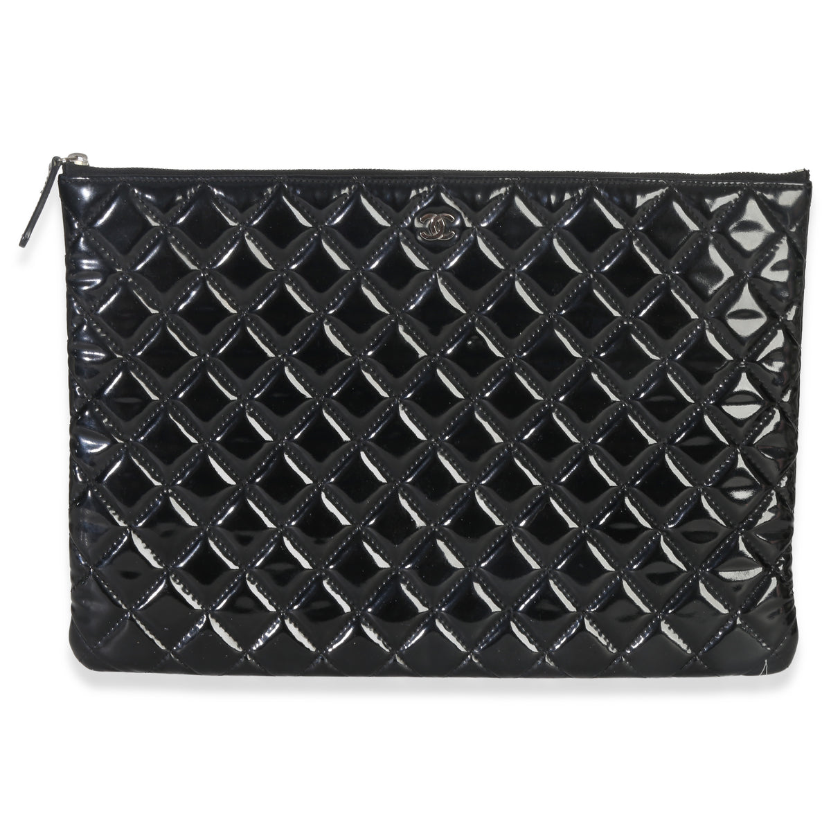Chanel Black Quilted Patent Large Cosmetic O Case Handbag fv