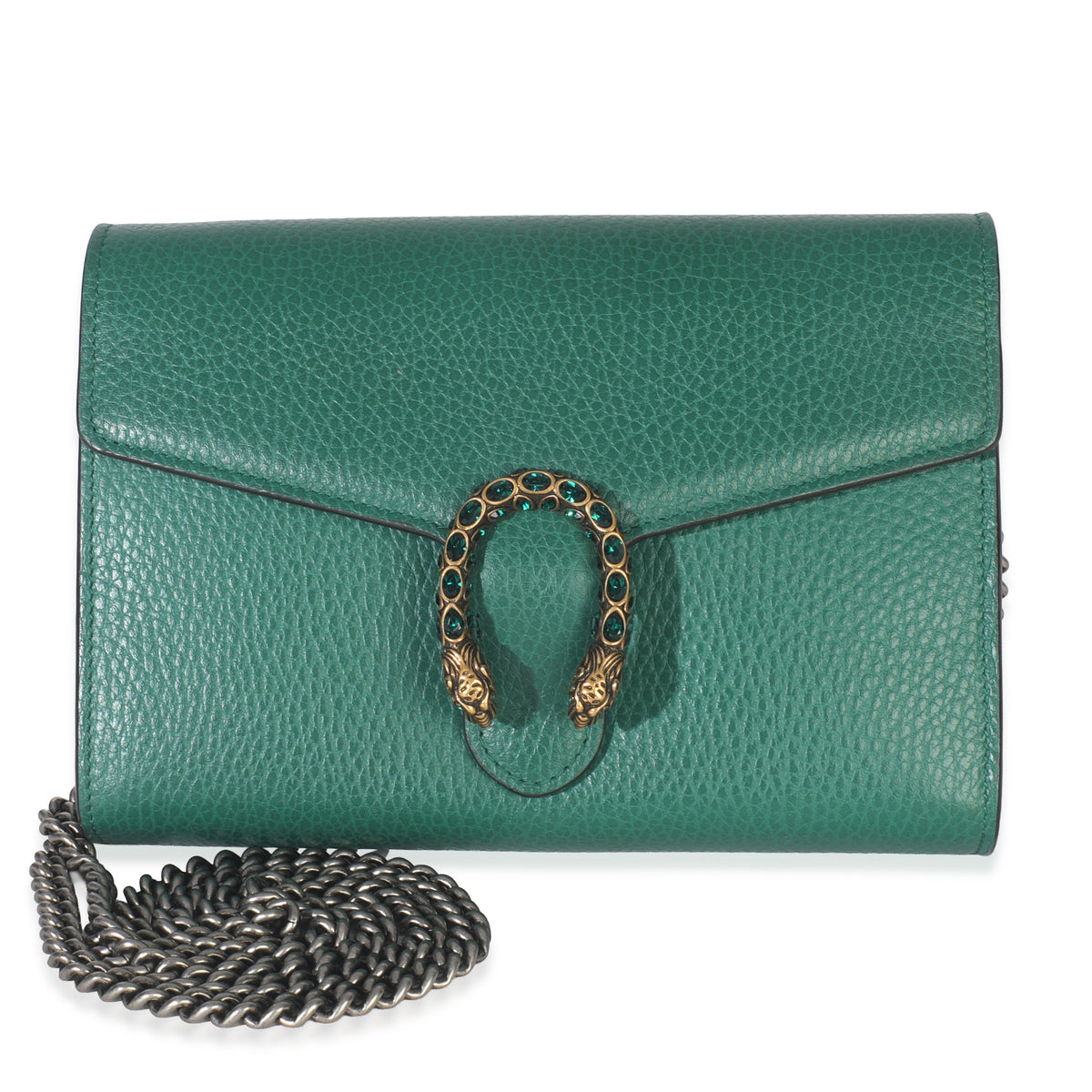 Gucci Emerald Pebbled Calfskin Dionysus Chain Wallet Handbag fv