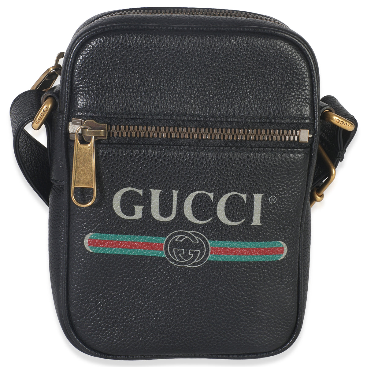 Gucci Black Pebbled Calfskin Vintage Logo Messenger Bag Handbag fv