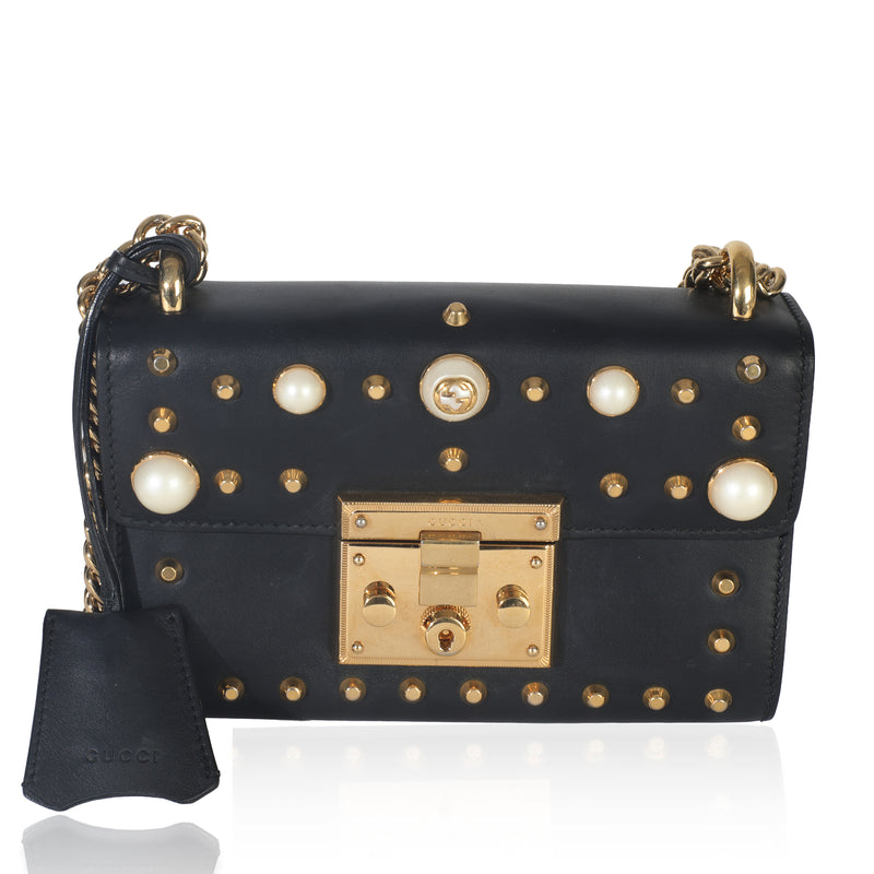 Black Calfskin Pearl GG Stud Small Padlock Shoulder Bag