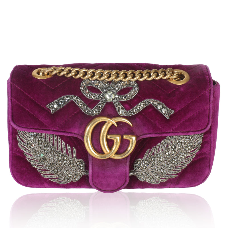 Purple Matelasse Velvet Embroidered Mini GG Marmont Bag