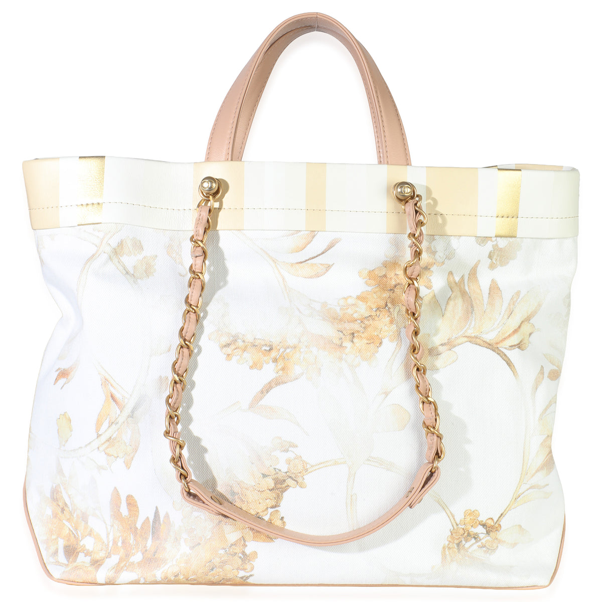Chanel Beige Brown Canvas Floral Shopping Tote Handbag bv