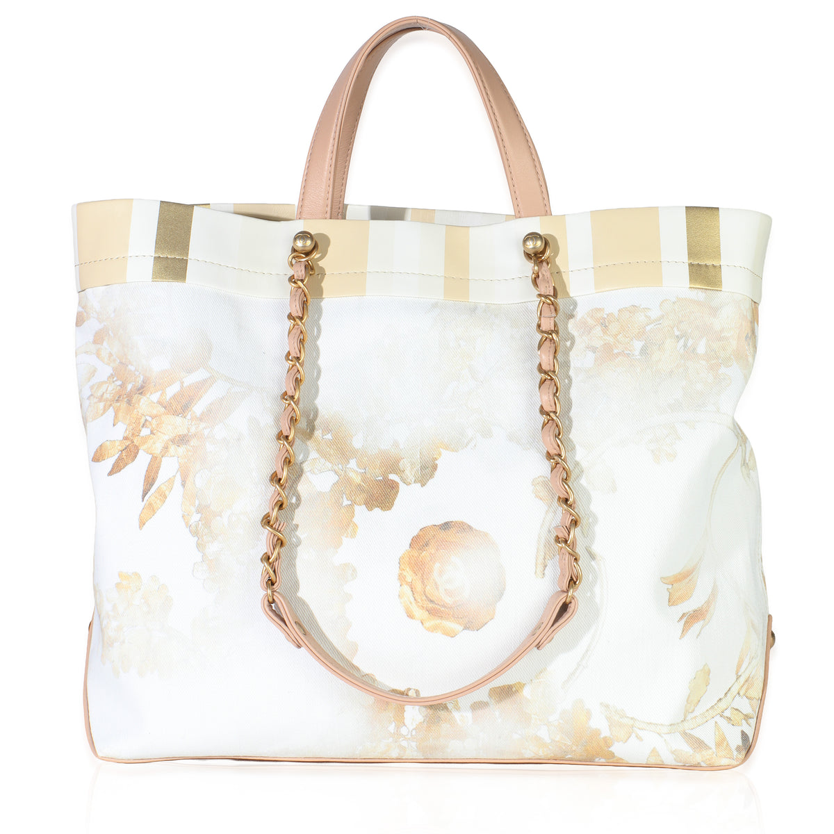Chanel Beige Brown Canvas Floral Shopping Tote Handbag fv