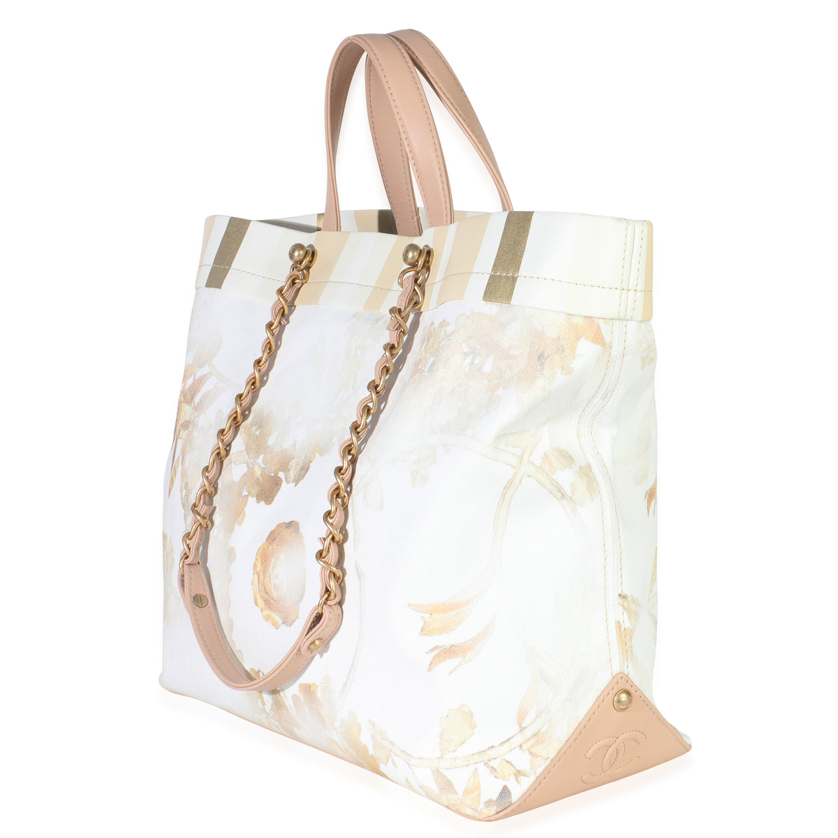 Chanel Beige Brown Canvas Floral Shopping Tote Handbag sv