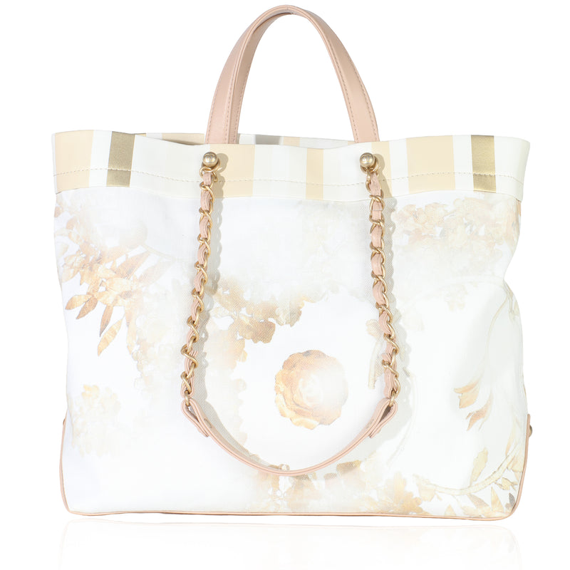 Beige Brown Canvas Floral Shopping Tote