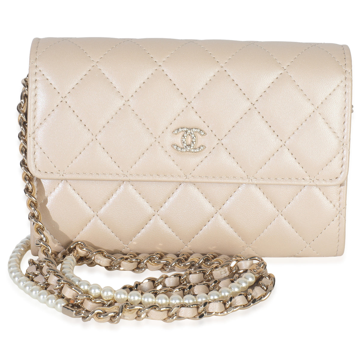 Beige Iridescent Quilted Lambskin Paris Hamburg Pearl Clutch With Chain
