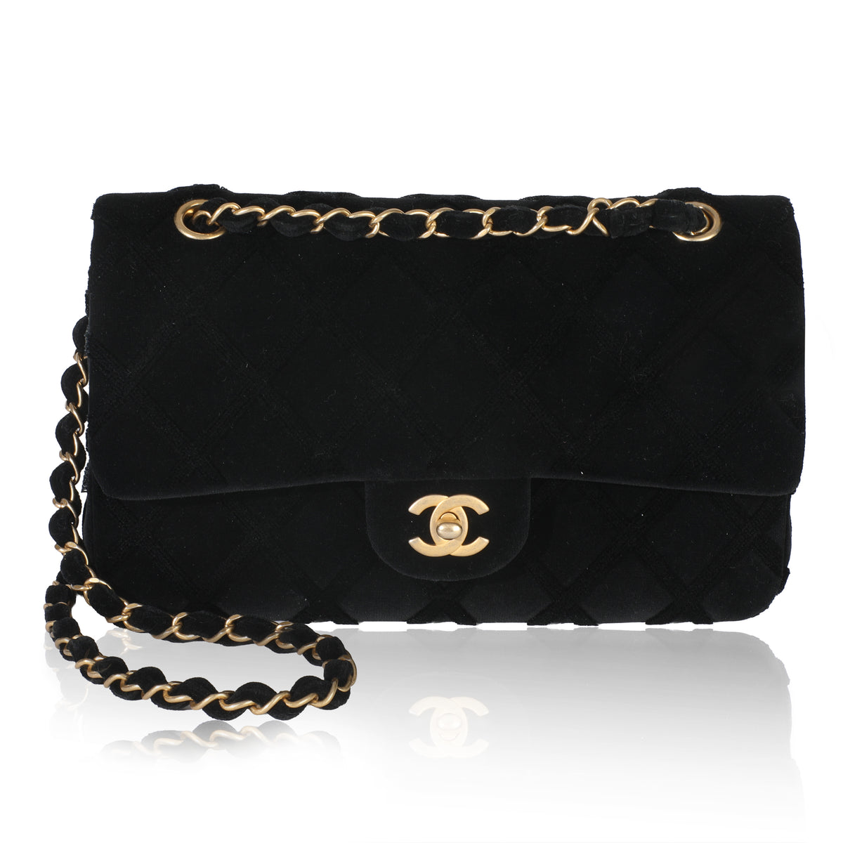 Black Quilted Velvet Medium Classic Double Flap Bag