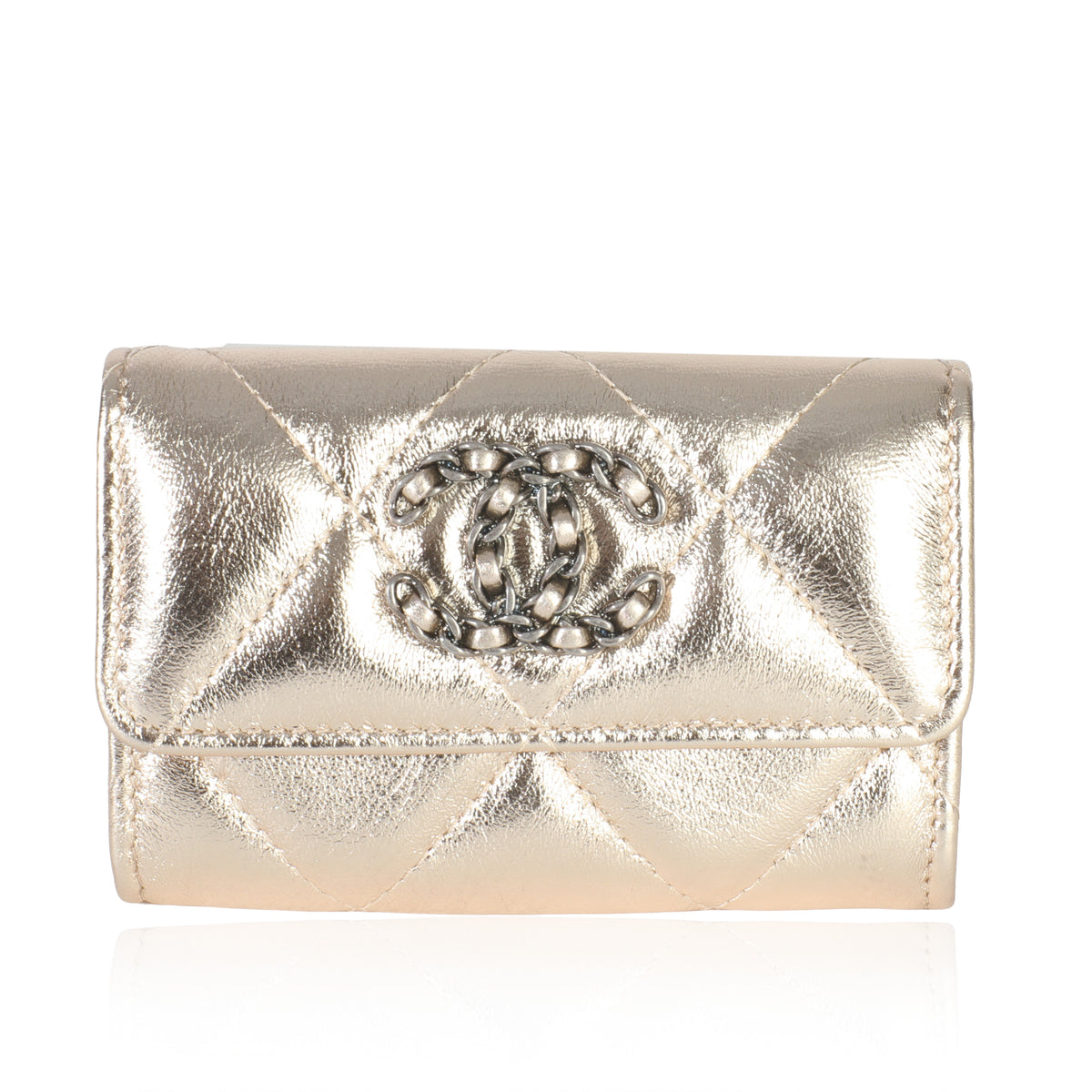 Chanel Gold Metallic Quilted Lambskin  19 Flap Card Holder Handbag id
