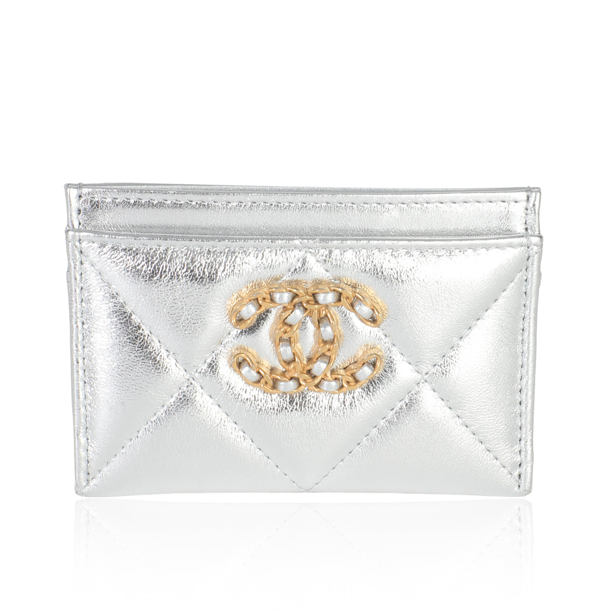Silver Metallic Quilted Lambskin Chanel 19 Card Holder