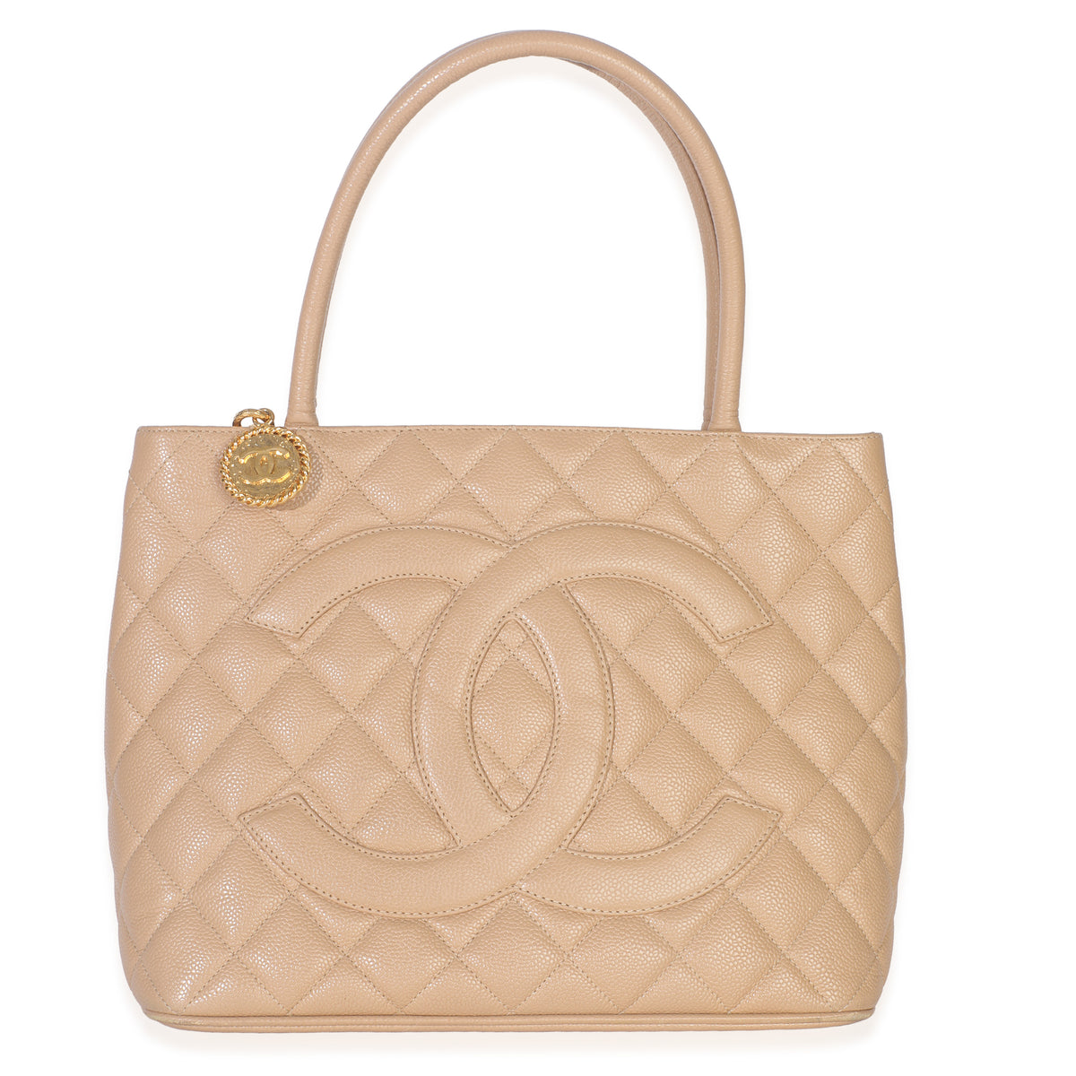 Chanel Beige Quilted Caviar Medallion Tote Handbag fv