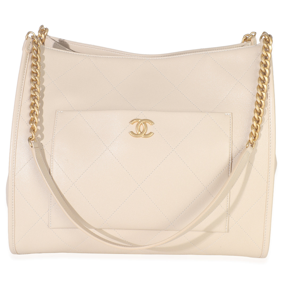 Chanel Beige Quilted Caviar Front Pocket CC Large Tote Handbag sv