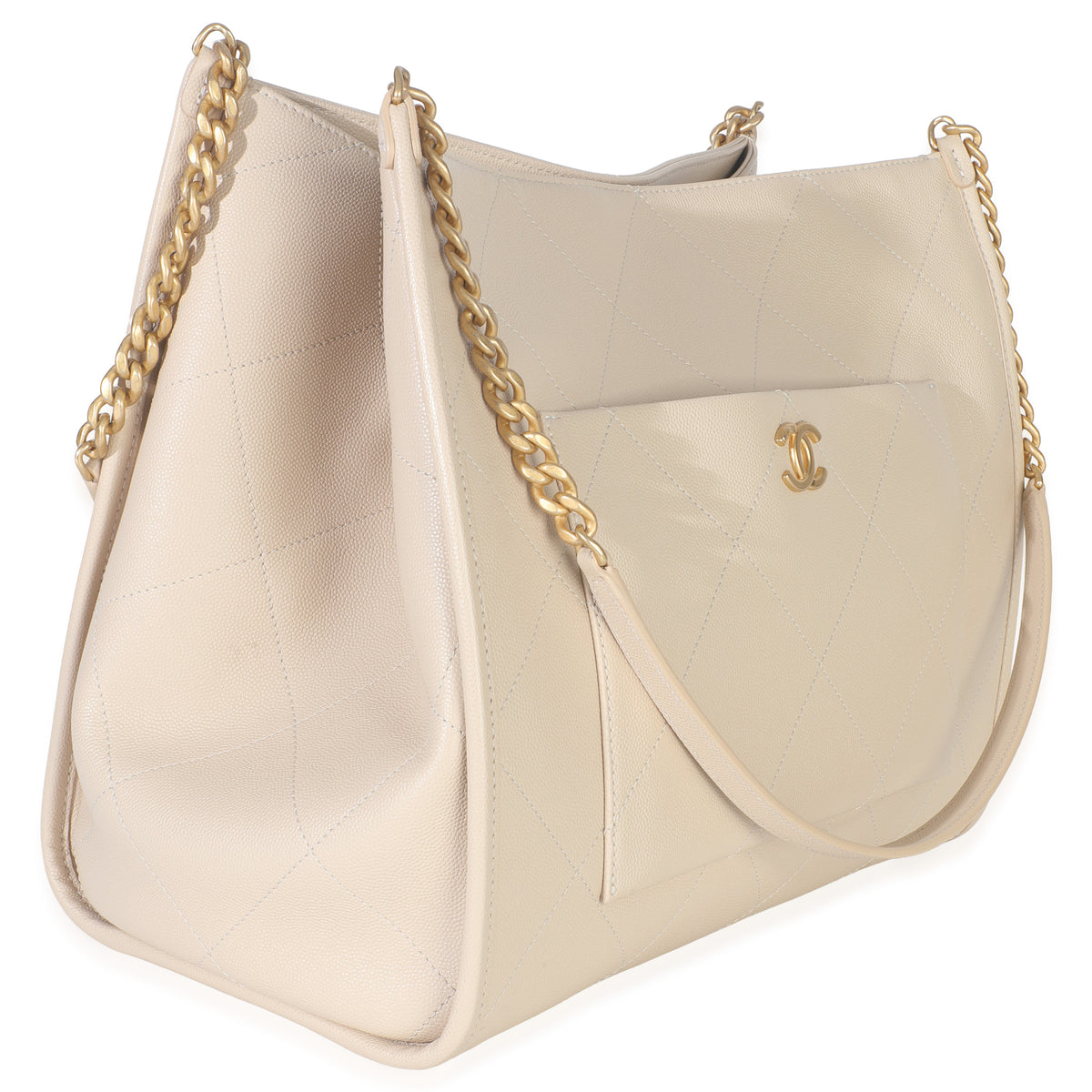 Beige Quilted Caviar Front Pocket CC Large Tote