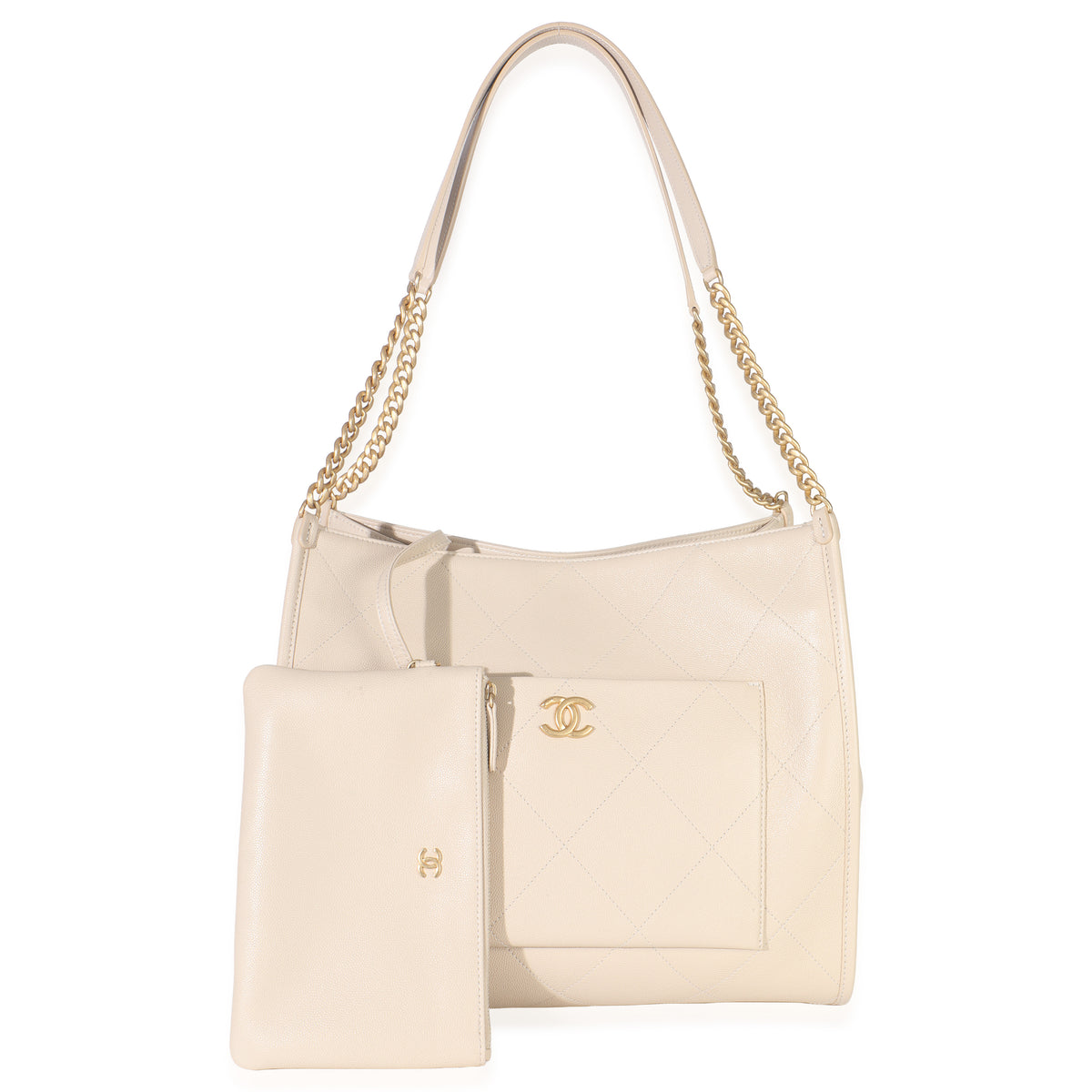 Beige Quilted Caviar Front Pocket CC Large Tote