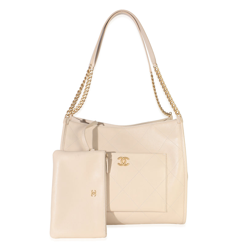 Beige Quilted Caviar Front Pocket CC Large Tote