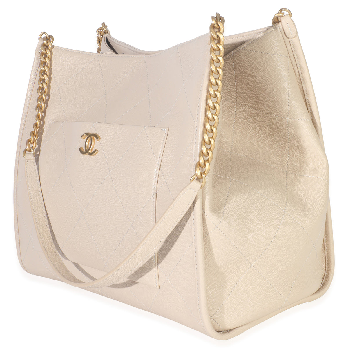 Beige Quilted Caviar Front Pocket CC Large Tote