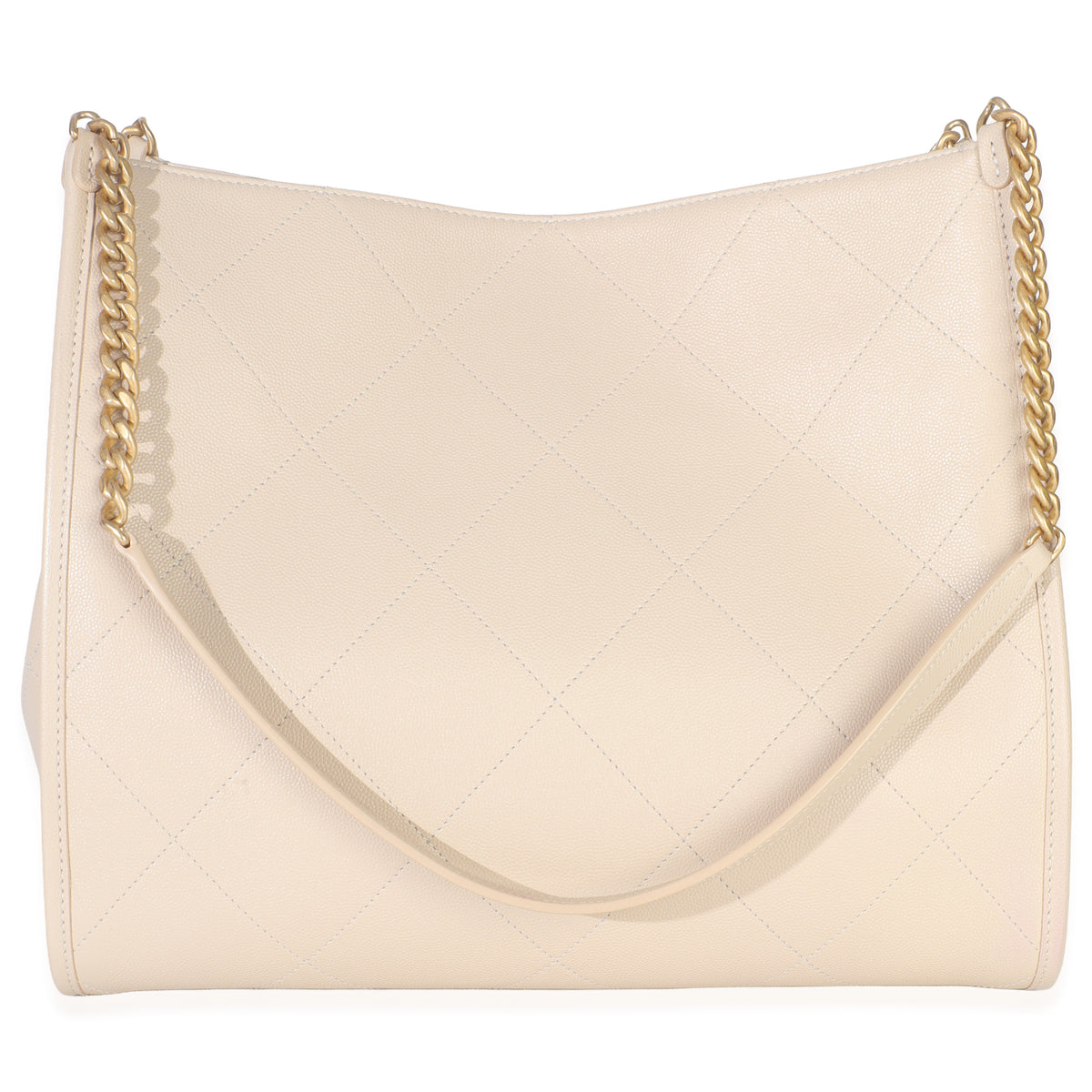 Beige Quilted Caviar Front Pocket CC Large Tote