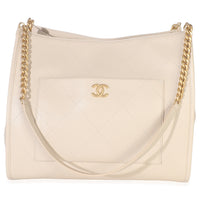 Beige Quilted Caviar Front Pocket CC Large Tote