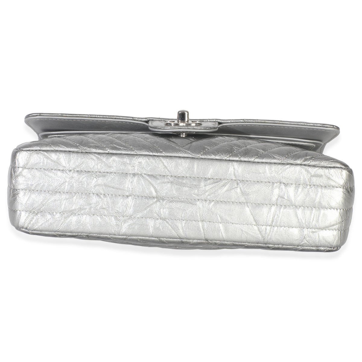Chanel Silver Metallic Patent Crumpled Calfskin Chevron Medium Double Flap Bag Handbag box