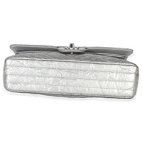 Chanel Silver Metallic Patent Crumpled Calfskin Chevron Medium Double Flap Bag Handbag box