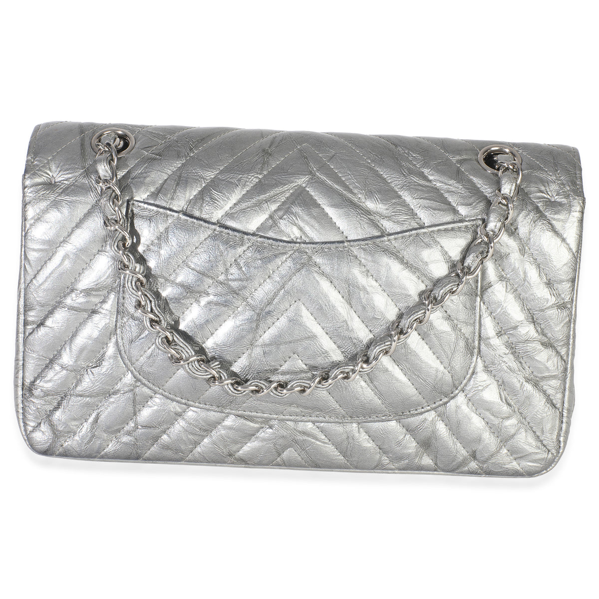 Chanel Silver Metallic Patent Crumpled Calfskin Chevron Medium Double Flap Bag Handbag bv