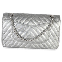 Chanel Silver Metallic Patent Crumpled Calfskin Chevron Medium Double Flap Bag Handbag bv