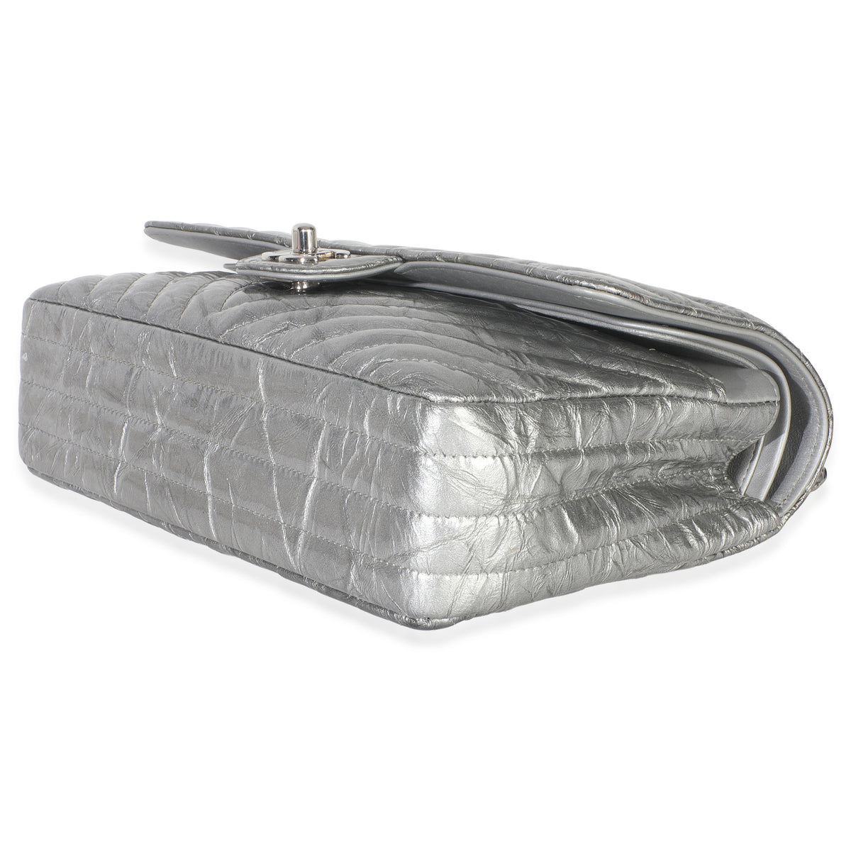 Chanel Silver Metallic Patent Crumpled Calfskin Chevron Medium Double Flap Bag Handbag clasp